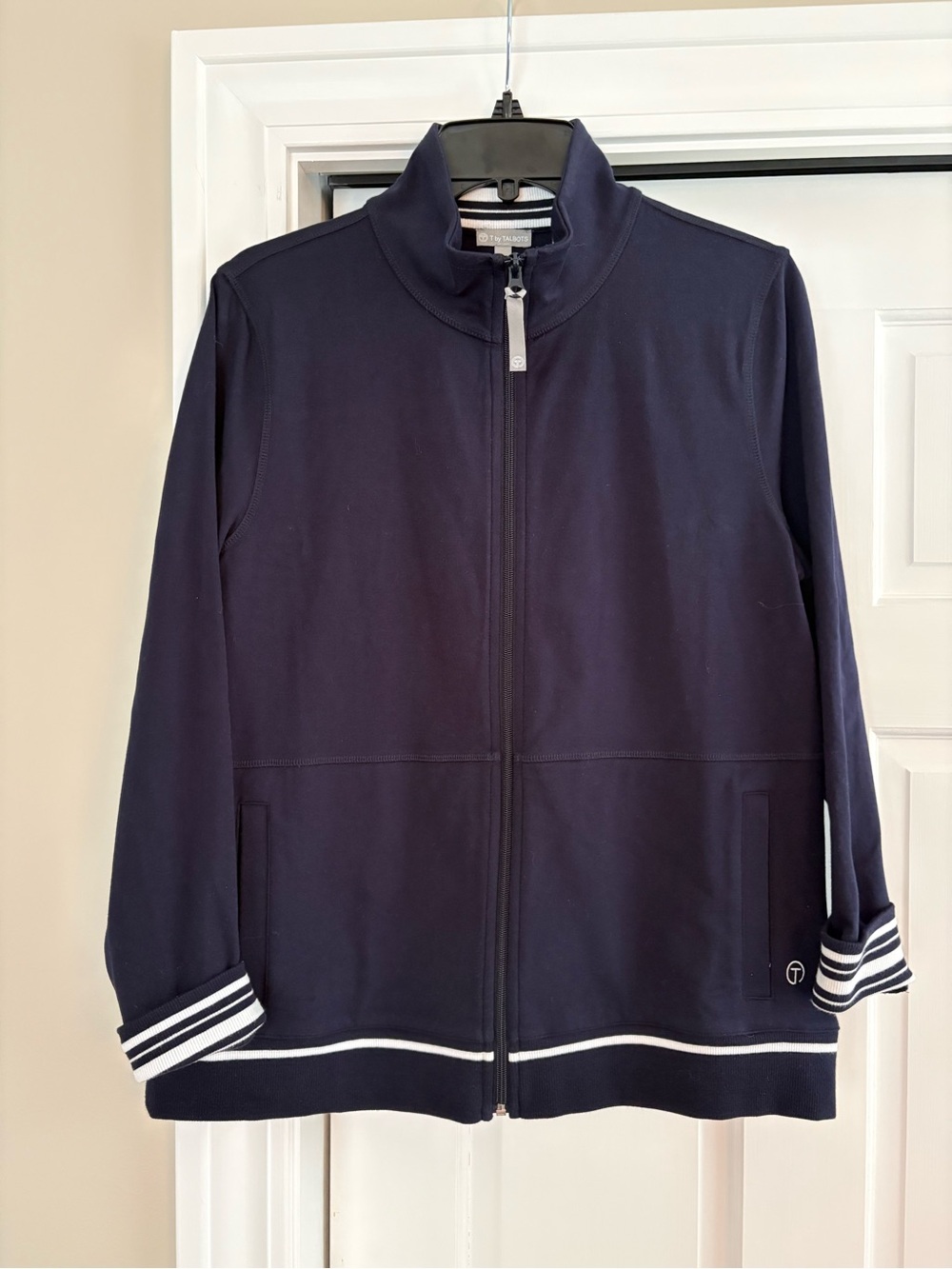 Talbots Navy Full-Zip Lightweight Jacket with Stripe Trim